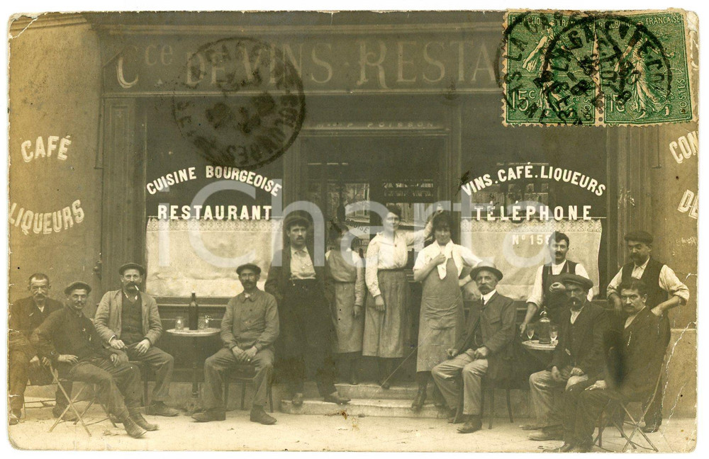 1909 COLOMBES (FRANCE ) C.ce DE VINS Restaurant - Photo carte postale ANIMEE  Fotocartolina postale d'epoca, viaggiata.CONDIZIONI: P (piegature angolari)FORMATO: FP    originale e autentica 1