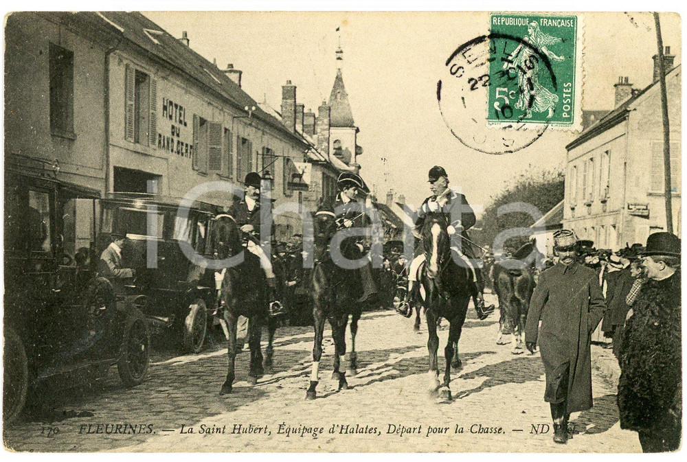 1910 FLEURINES La Saint Hubert, Equipage d'Halates, Départ pour la Chasse  Cartolina postale d'epoca, viaggiata.CONDIZIONI: GFORMATO: FP    originale e autentica 1