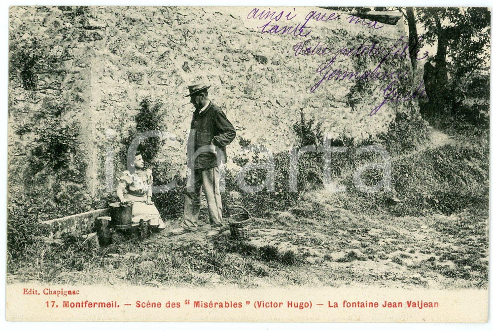 Cartolina originale da collezione 1906 MONTFERMEIL ScÃ¨ne de MISERABLES La fontaine Jean Valjean  Carte Postale FP 1