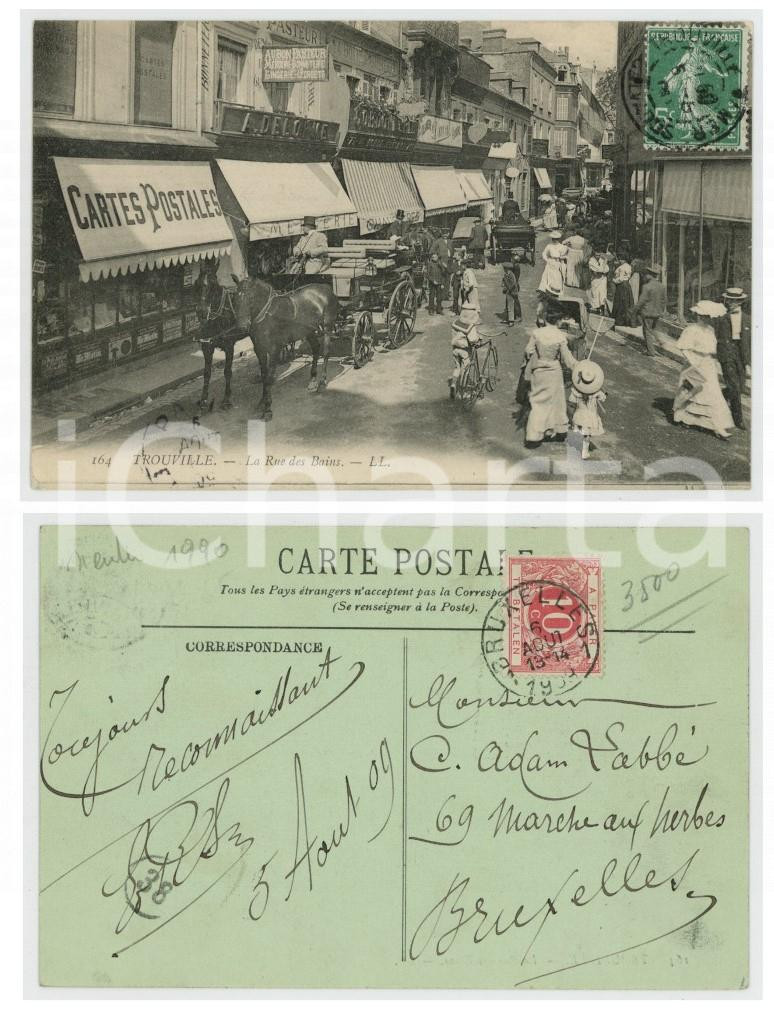 1908 TROUVILLE-SUR-MER (F) La Rue des Bains - Animated postcard horse carriage  Cartolina postale d'epoca, viaggiata.CONDIZIONI: GFORMATO: FP    originale e autentica 1