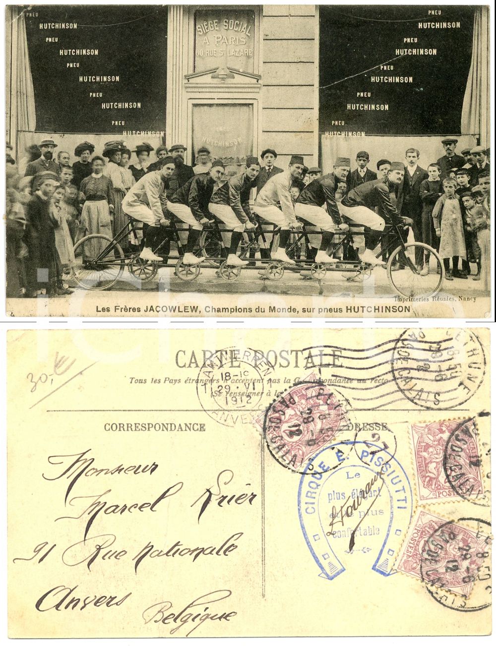 1912 PARIS - CYCLISME Les frères JACOWLEW sur pneus HUTCHINSON Carte postale FP  Cartolina postale d'epoca, viaggiata.Con timbro al verso: "Cirque E. Pissiutti"CONDIZIONI: POOR (profonda piegatura all'angolo superiore sinistro, graffi al recto)FORMATO: FP    originale e autentica 1