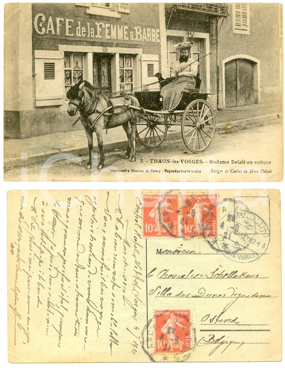1921 THAON-LES-VOSGES Madame DELAIT en voiture - Femme à barbe - Carte postale  Cartolina postale d'epoca, viaggiata.CONDIZIONI: POOR (profonda piegatura all'angolo superiore sinistro, carta lenta)FORMATO: FP    originale e autentica 1