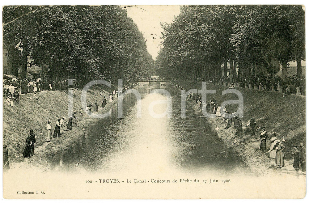 1907 TROYES Le canal - Concours de pêche du 17 juin 1906 - Carte postale FP VG  Cartolina postale d'epoca, viaggiata.CONDIZIONI: POOR (profonda piegatura all'angolo superiore sinistro)FORMATO: FP    originale e autentica 1