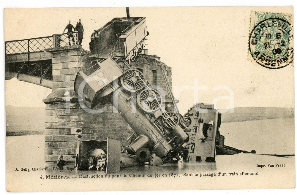 Cartolina originale da collezione 1906 MÃ‰ZIÃˆRES Destruction du pont du Chemin de fer en 1871  Carte postale FP VG 1