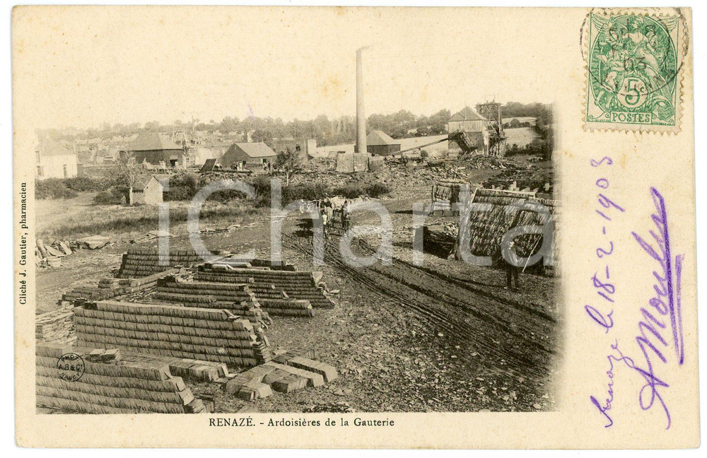 1903 RENAZÉ (FRANCE) Ardoisières de la Gauterie - Animated postcard  Cartolina postale d'epoca, viaggiata.CONDIZIONI: GFORMATO: FP    originale e autentica 1