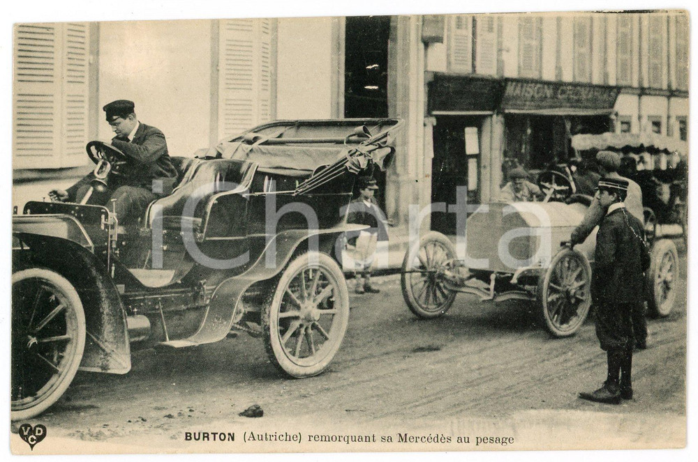 1915 ca BURTON - AUTRICHE Remorquant sa MERCEDES au pesage - Carte postale FP NV  Cartolina postale d'epoca, non viaggiata.CONDIZIONI: FAIR (piegatura al margine destro)FORMATO: FP    originale e autentica 1