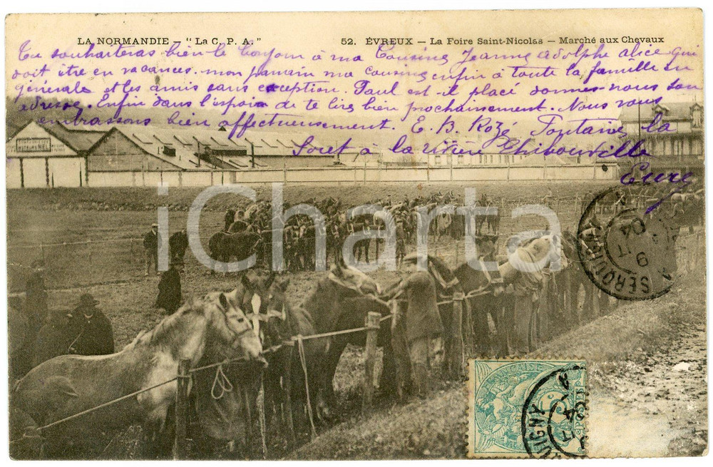 Cartolina originale da collezione 1904 ÃˆVREUX  NORMANDIE F La Foire SaintNicolas  MarchÃ© au Chevaux Postcard 1