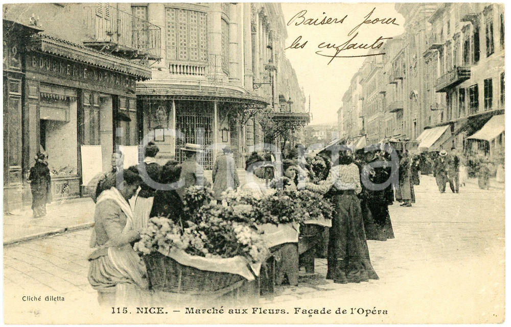1910 ca NICE (FRANCE) Marché aux Fleurs - Façade de l'Opéra - Vintage postcard  Cartolina postale d'epoca, viaggiata.CONDIZIONI: P (piegature agli angoli superiori)FORMATO: FP    originale e autentica 1