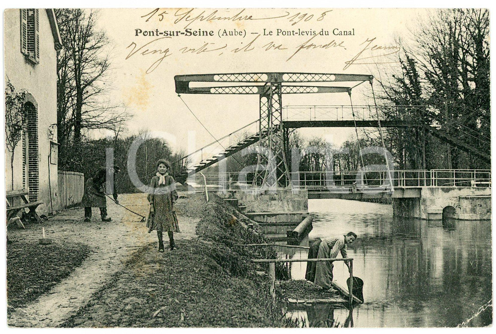 1908 PONT-SUR-SEINE / AUBE (F) Le Pont-levis du Canal - Animated postcard child  Cartolina postale d'epoca, viaggiata (francobollo asportato).CONDIZIONI: VP (profonde piegature; macchie)FORMATO: FP    originale e autentica 1