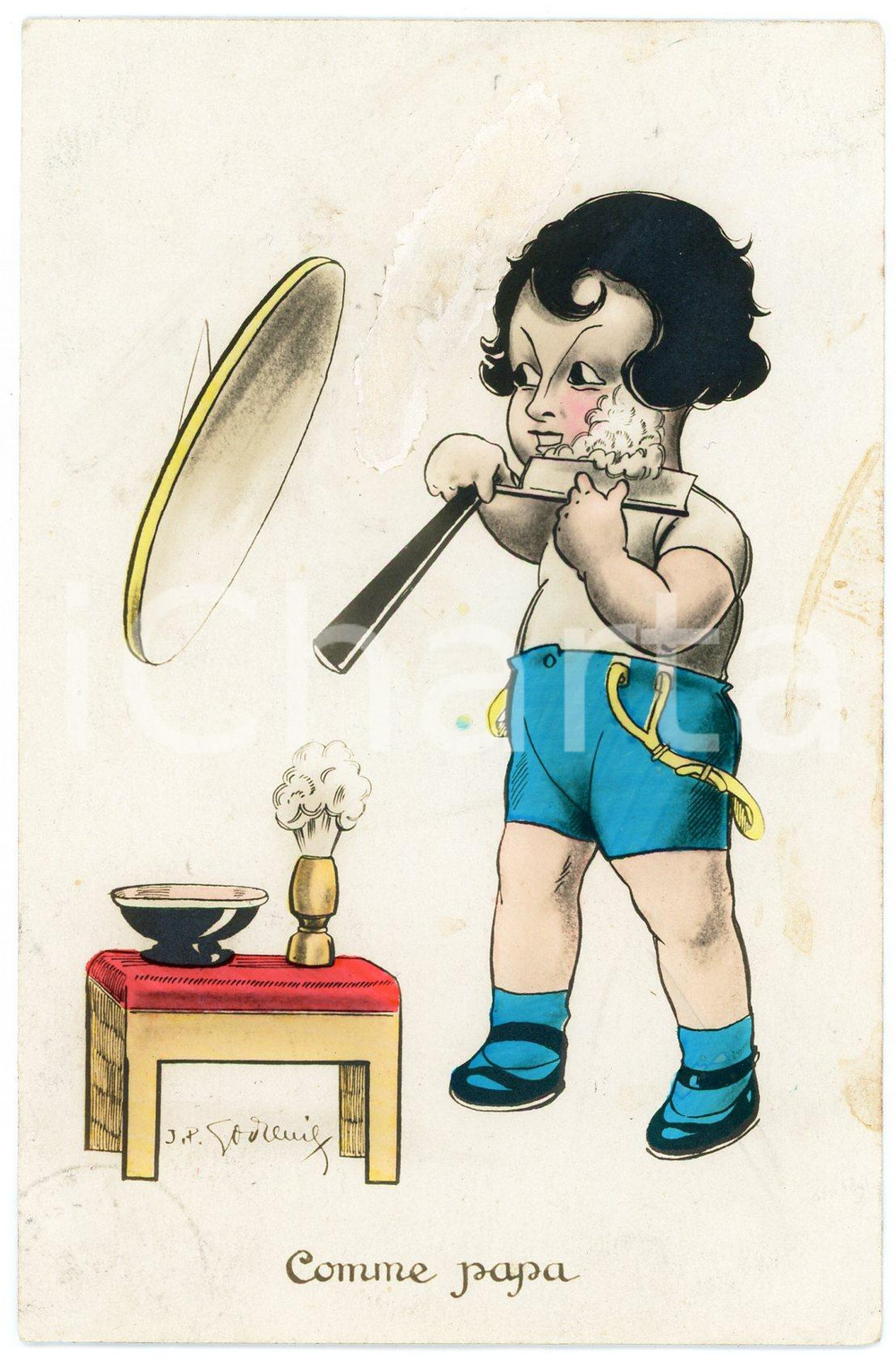 1925 BELGIQUE - HUMOUR Comme papa - Enfant se rase - Carte postale ILLUSTRÉE  Cartolina postale d'epoca, viaggiata.CONDIZIONI: POOR (macchie e abrasione al recto)FORMATO: FP    originale e autentica 1