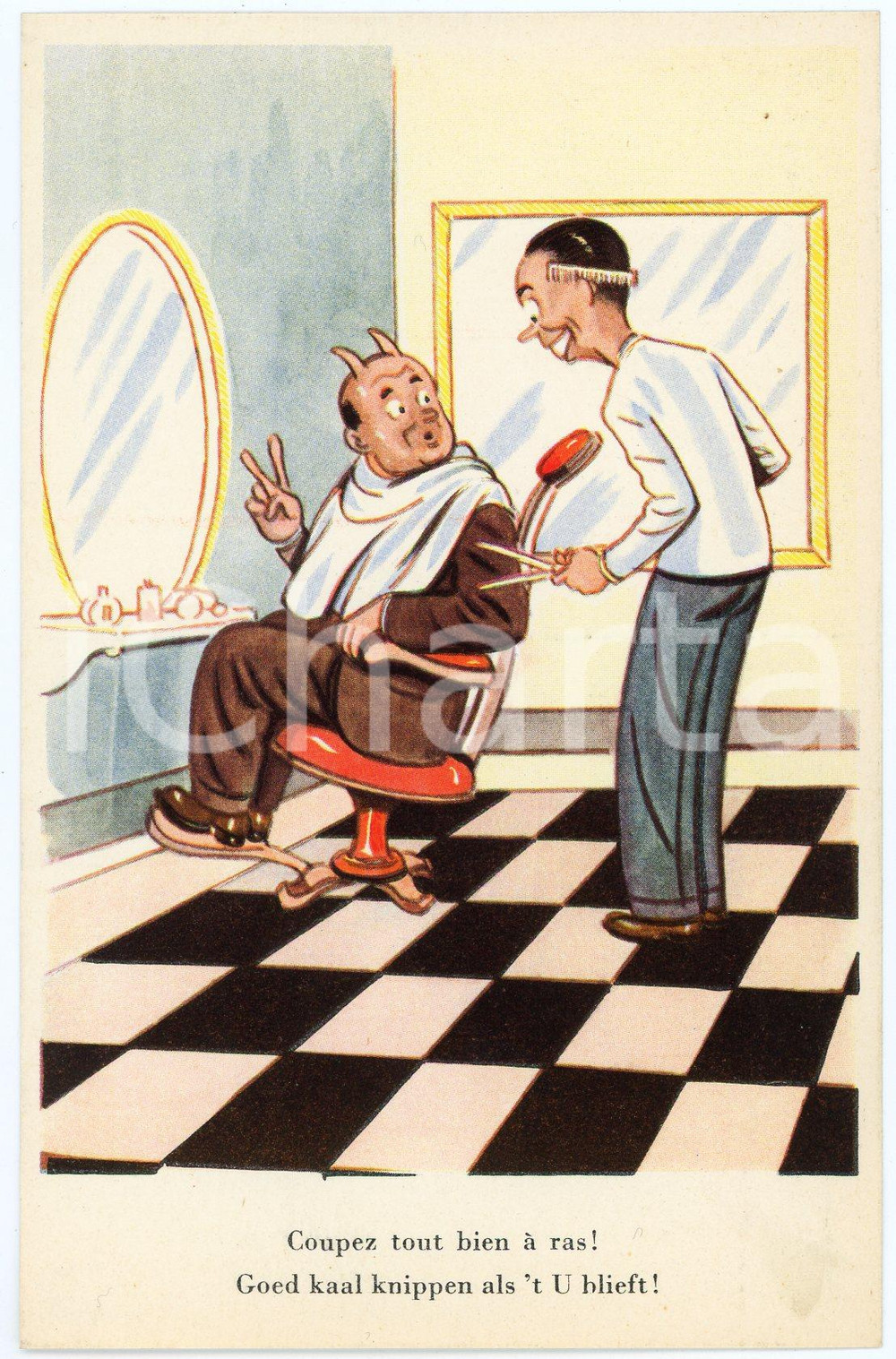 Cartolina originale da collezione 1930 HUMOUR Salon de coiffure  Coupez tout bien Ã  ras  Carte postale ILLUSTRÃ‰E 1