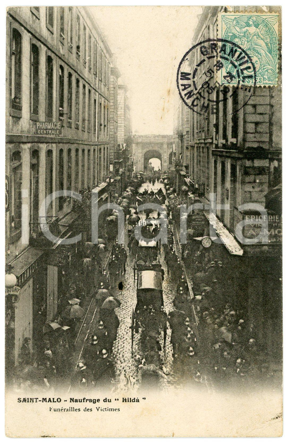 1905 SAINT-MALO Naugfrage du "Hilda" - Funérailles des victimes - Carte postale  Cartolina postale d'epoca, viaggiata.CONDIZIONI: F (piegature angolari al lato inferiore e piccola macchia la verso)FORMATO: FP    originale e autentica 1