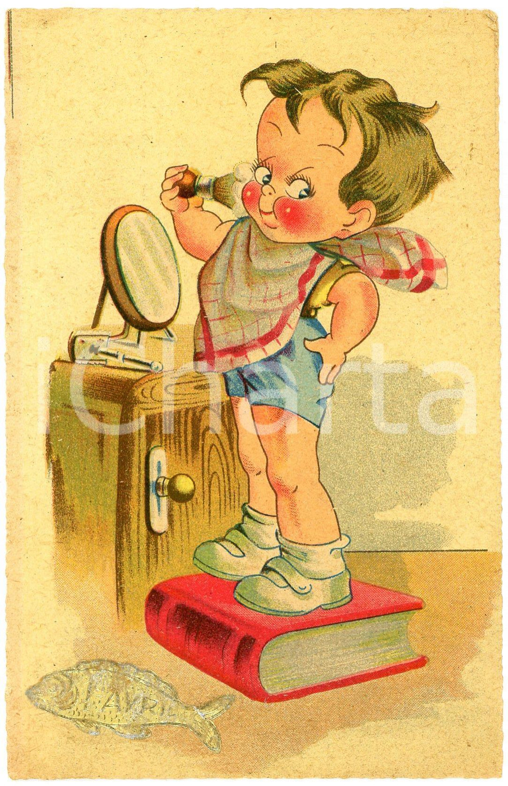 1910 ca BELGIQUE - HUMOUR Enfant se rase - Carte postale ILLUSTRÉE FP NV  Cartolina postale d'epoca, non viaggiata ma con affrancatura e testo manoscritto al verso.CONDIZIONI: FAIR (lievi bruniture)FORMATO: FP    originale e autentica 1