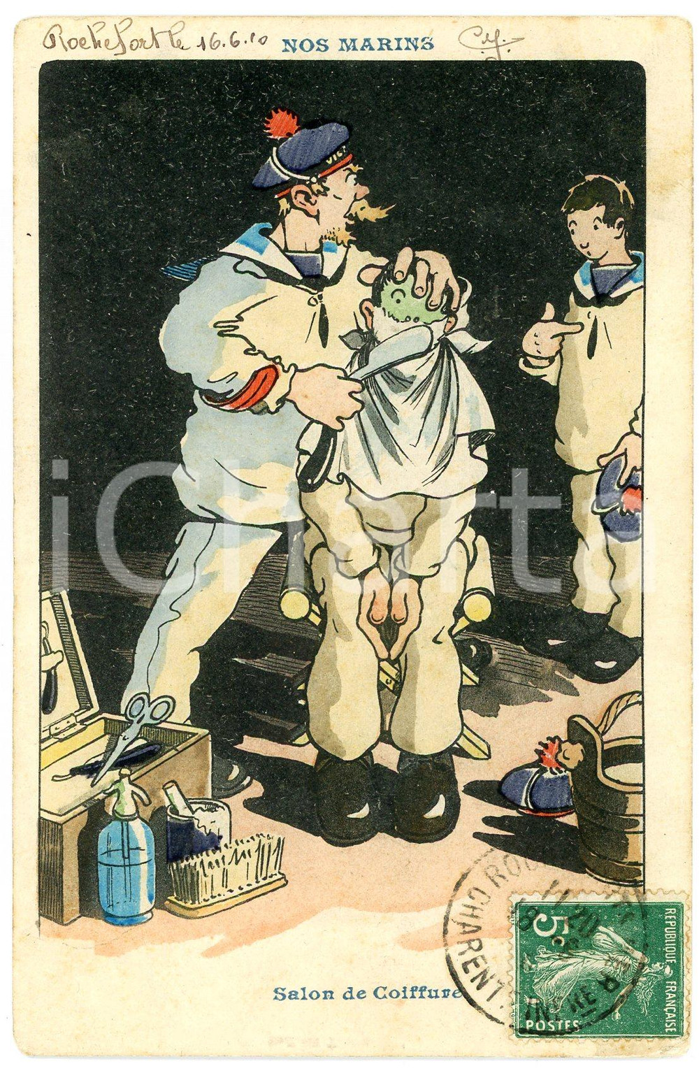 1910 NOS MARINS Salon de coiffure - Carte postale ILLUSTRÉE FP VG  Cartolina postale d'epoca, viaggiata.CONDIZIONI: FAIR (smussature agli angoli e lievi bruniture)FORMATO: FP    originale e autentica 1