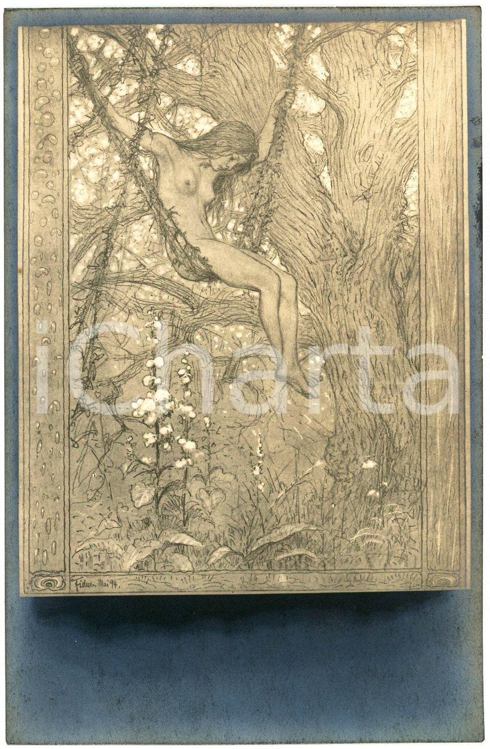 1910 ca Artist FIDUS Hugo HÖPPENER  - "Lianenschaukel" - Nude woman - Postcard  Cartolina d'epoca, non viaggiata. GOOD/buono  Formato: 9x14 cm originale e autentica 1