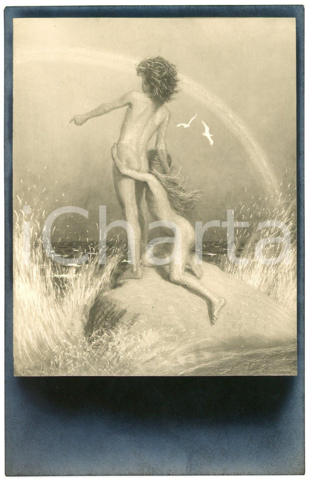 1910 ca Artist FIDUS Hugo HÖPPENER  - "Auf der Klippe" - Postcard  Cartolina d'epoca, non viaggiata. GOOD/buono  Formato: 9x14 cm originale e autentica 1