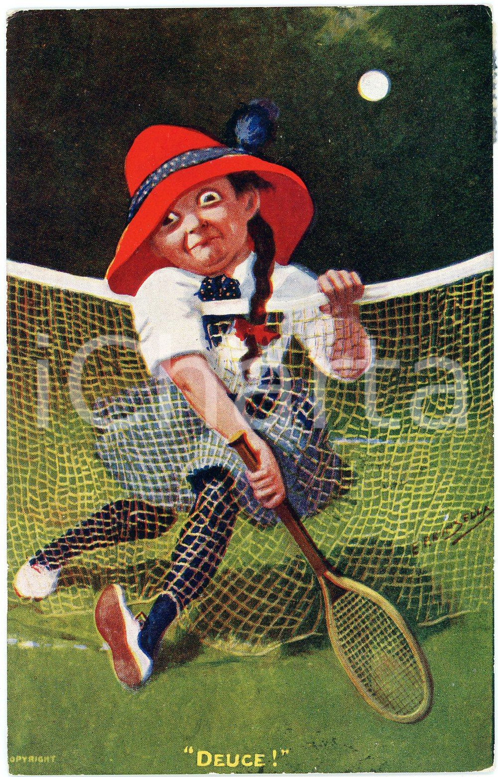 1910 Artist E.P. KINSELLA Girl playing tennis - Deuce ILLUSTRATED Postcard FP VG  Cartolina postale d'epoca, viaggiata. FAIR/discreto Lievi smussature agli angoli Formato: FP originale e autentica 1