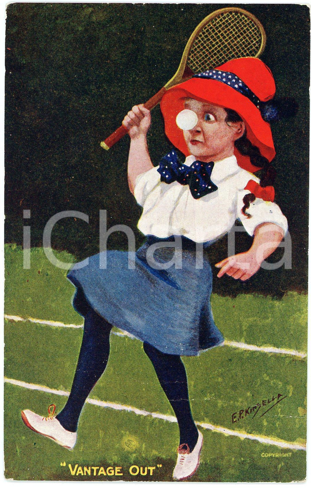 1910 Artist E.P. KINSELLA Girl playing tennis - Vantage out ILLUSTRATED Postcard  Cartolina postale d'epoca, viaggiata. FAIR/discreto Lievi smussature agli angoli Formato: FP originale e autentica 1