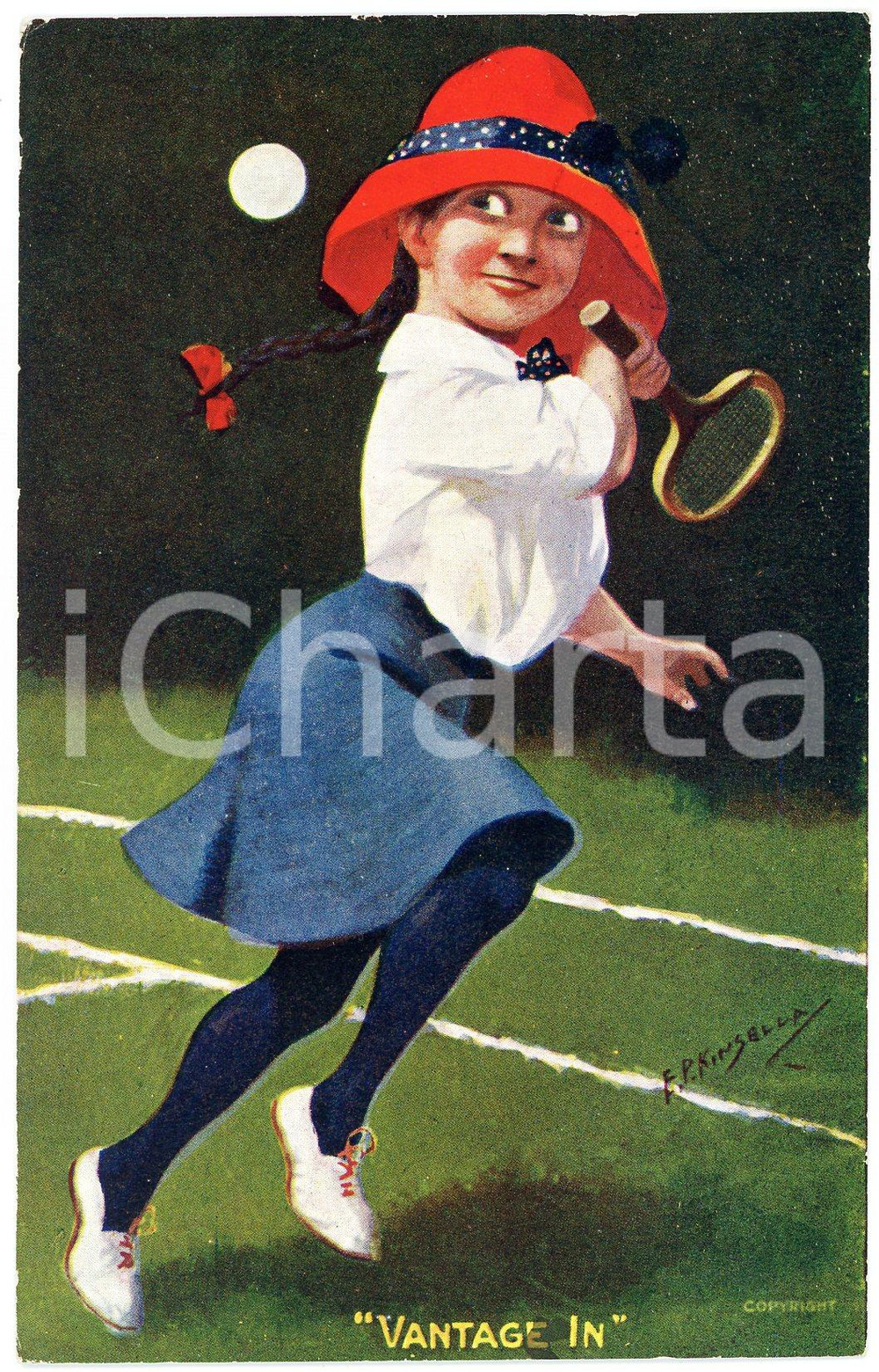 1910 Artist E.P. KINSELLA Girl playing tennis - Vantage in ILLUSTRATED Postcard  Cartolina postale d'epoca, viaggiata. FAIR/discreto Lievi smussature agli angoli Formato: FP originale e autentica 1