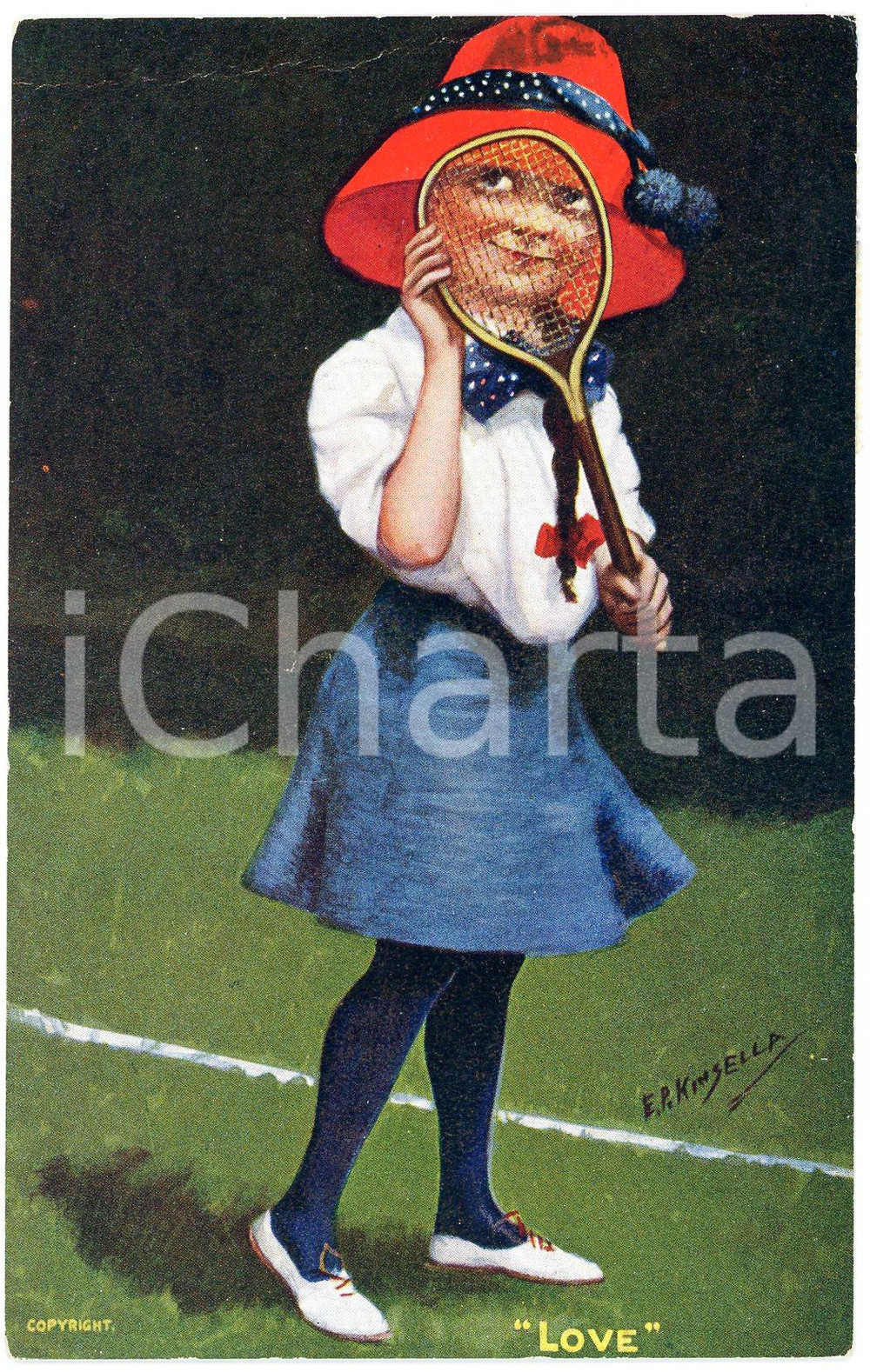 1910 LOVE Artist E.P. KINSELLA Girl playing tennis ILLUSTRATED Postcard FP VG  Cartolina postale d'epoca, viaggiata. FAIR/discreto Lievi smussature agli angoli Formato: FP originale e autentica 1