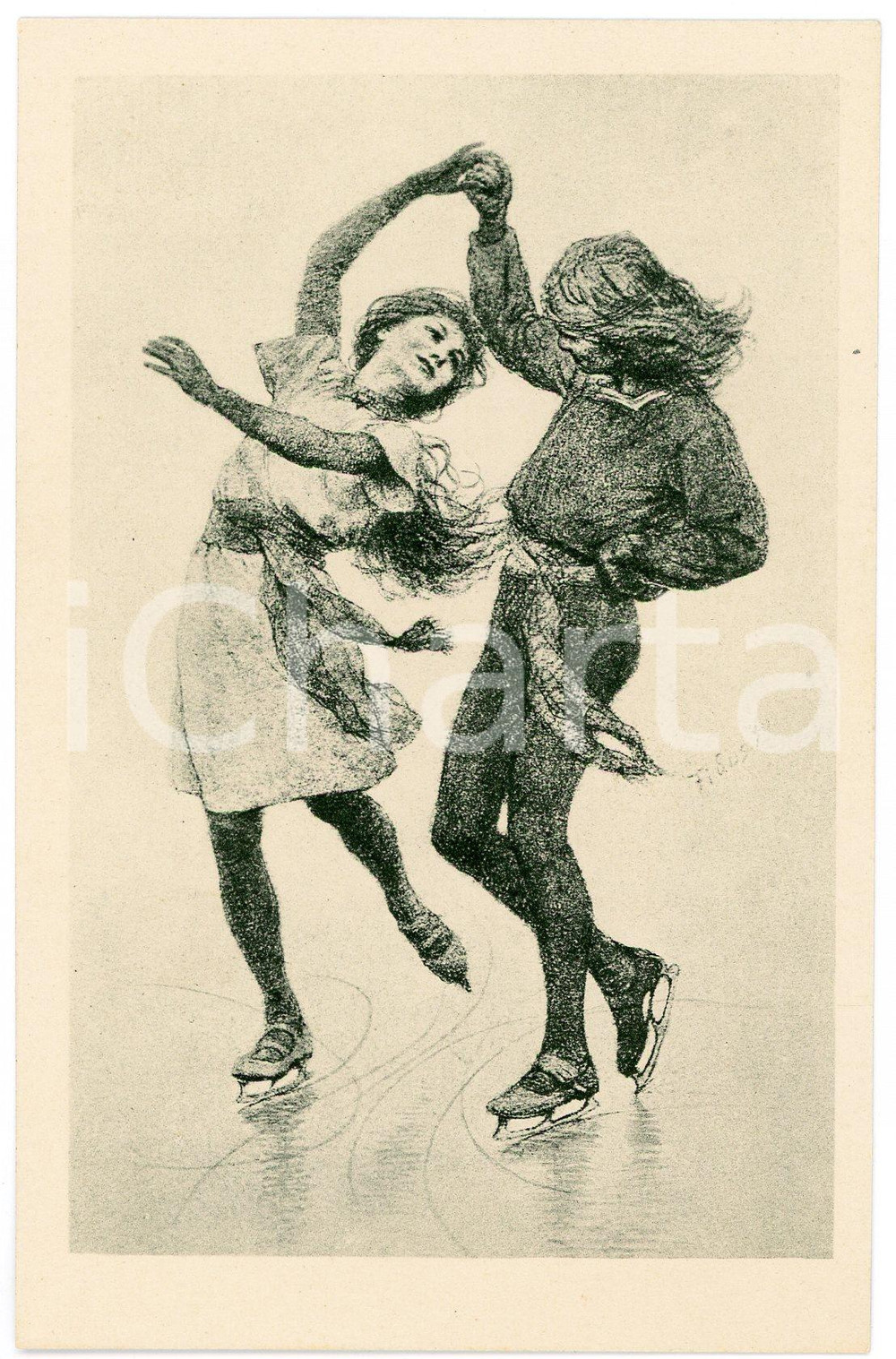 1910 ca Artist FIDUS Hugo HÖPPENER  - "Schlittschuhlaeufer" - Postcard  Cartolina d'epoca, non viaggiata. GOOD/buono  Formato: 9x14 cm originale e autentica 1