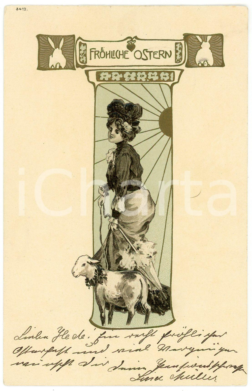 1904 FROHLICHE OSTERN - HAPPY EASTER Lady with lamb on a leash - Postcard FP VG  Cartolina postale d'epoca, viaggiata. GOOD/buono  Formato: FP originale e autentica 1