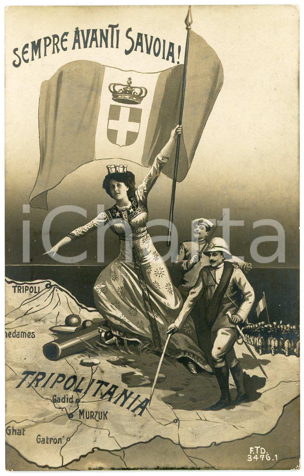 1911 TRIPOLITANIA Sempre avanti Savoia! - Cartolina ILLUSTRATA FP VG  Cartolina postale d'epoca, viaggiata.CONDIZIONI: FAIRFORMATO: FP    originale e autentica 1