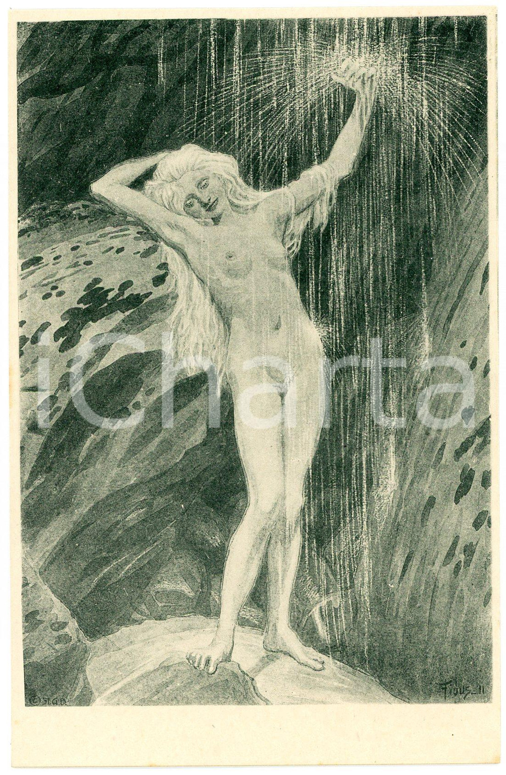 1910 ca Artist FIDUS Hugo HÖPPENER  - "Am Wasserfall" - Nude woman *Postcard  Cartolina d'epoca, non viaggiata. GOOD/buono  Formato: 9x14 cm originale e autentica 1