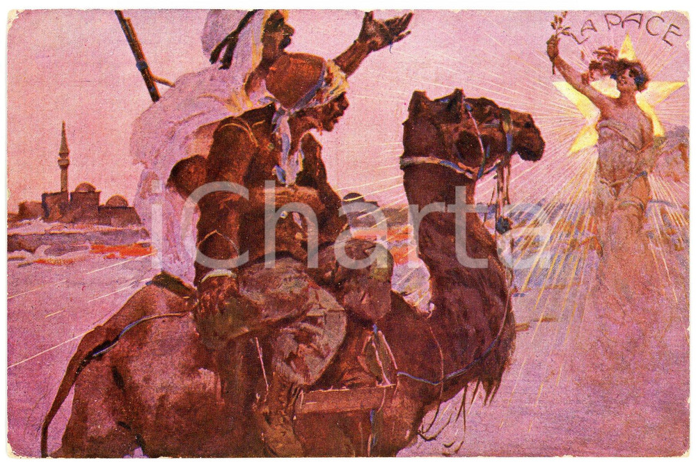 1920 ca AFRICA Indigeni a cammello e visione della Pace - Cartolina ILLUSTRATA  Cartolina postale d'epoca, non viaggiata.CONDIZIONI: FAIR (smussature agli angoli)FORMATO: FP    originale e autentica 1