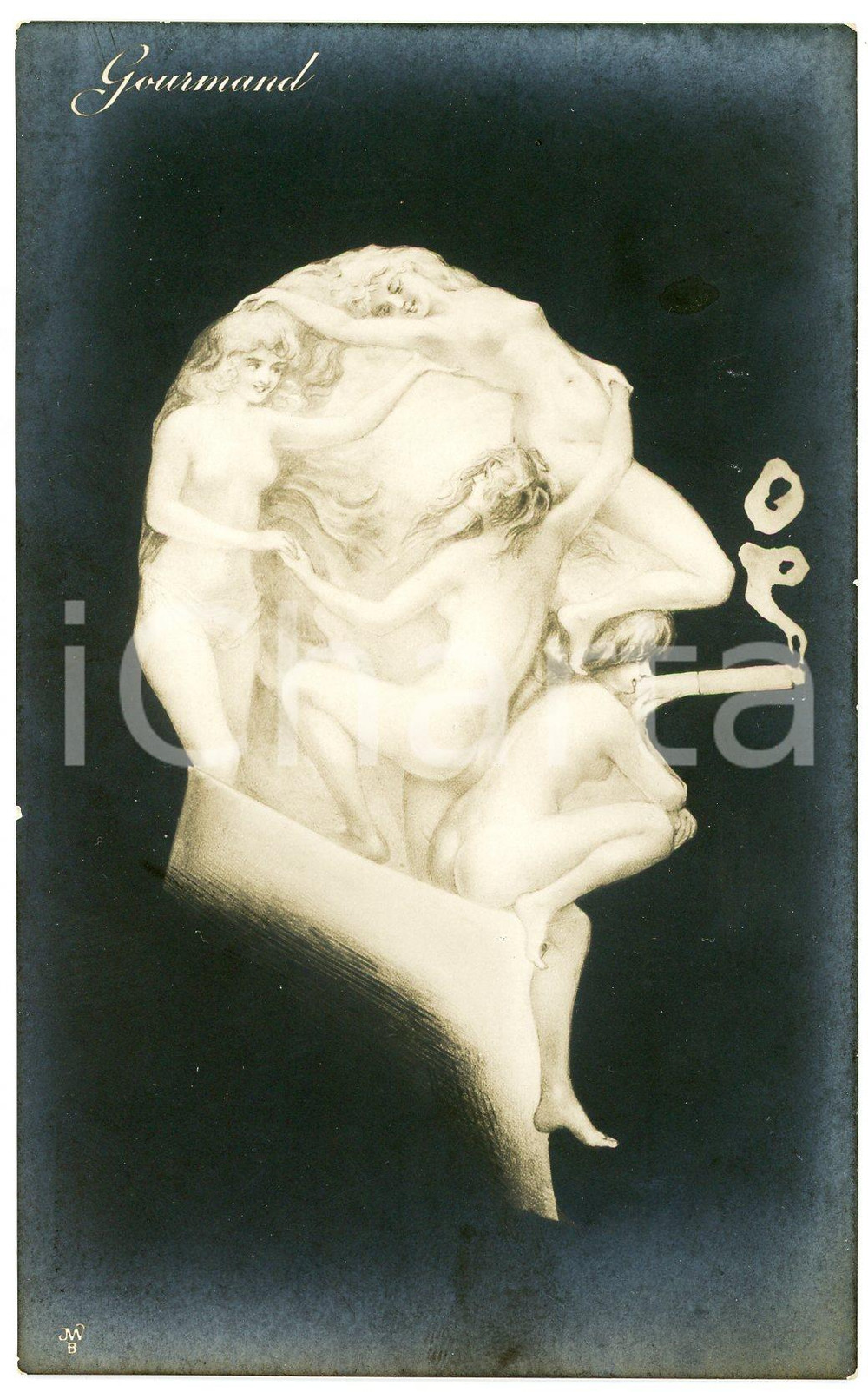 1936 EROTICA - TÊTE TROMPEUSES Gourmand smoking - Metamorphic postcard  Cartolina postale d'epoca, non viaggiata ma con nota manoscritta al verso. GOOD/buono  Formato: 9x14 cm originale e autentica 1