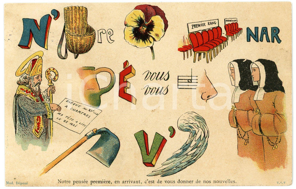 1907 REBUS Notre pensée première... - Carte postale ILLUSTRÉE FP VG  Cartolina postale d'epoca, viaggiata.  FAIR/discreto Lievi smussature agli angoli Formato: FP originale e autentica 1