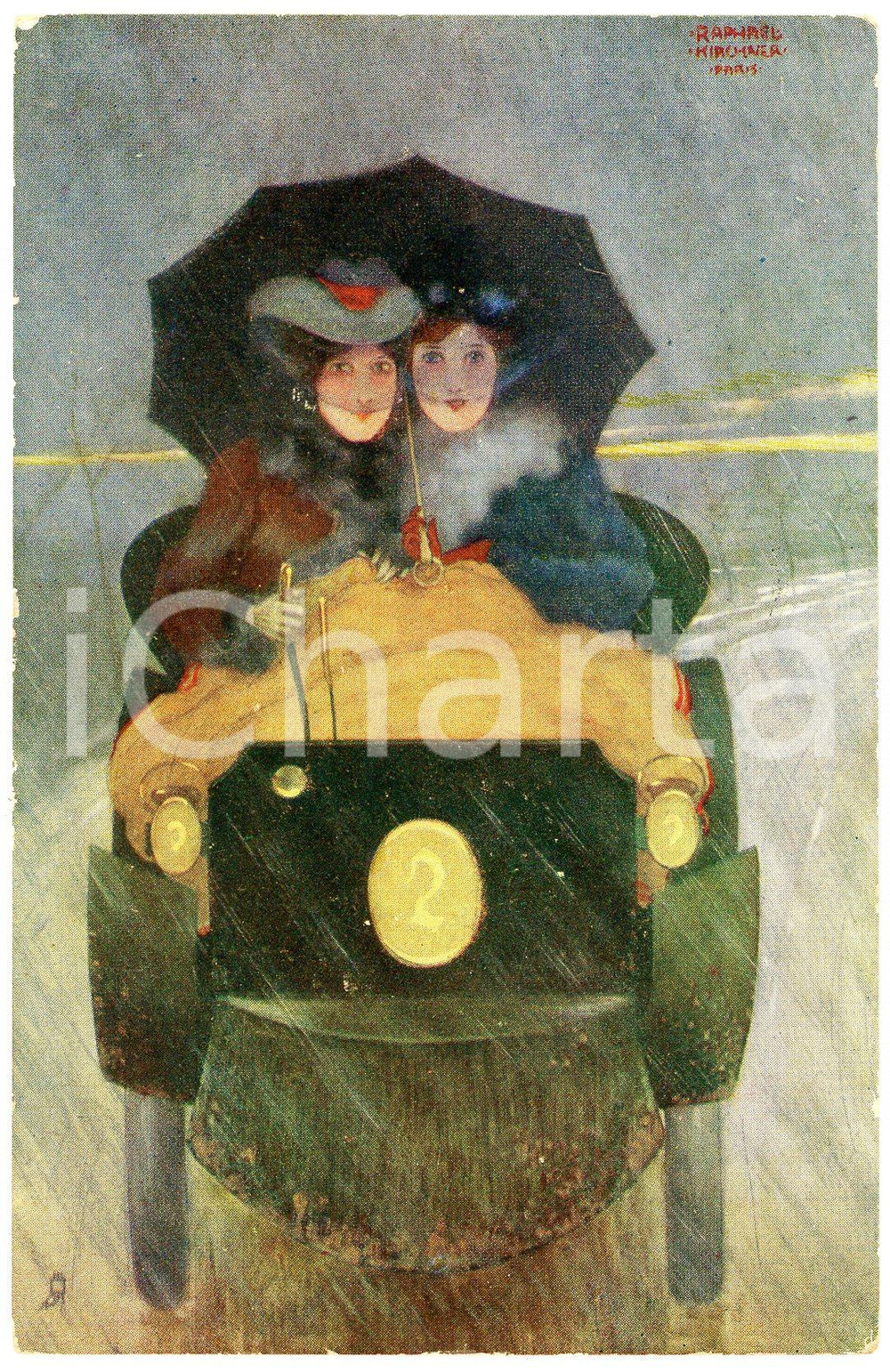 1905 Artist Raphael KIRCHNER - Women driving a car  *Postcard TUCK  Cartolina postale d'epoca, opera dell'artista e illustratore Raphael Kirchner, viaggiata. FAIR/discreto minima abrasione angolare Formato: 9x14 cm originale e autentica 1