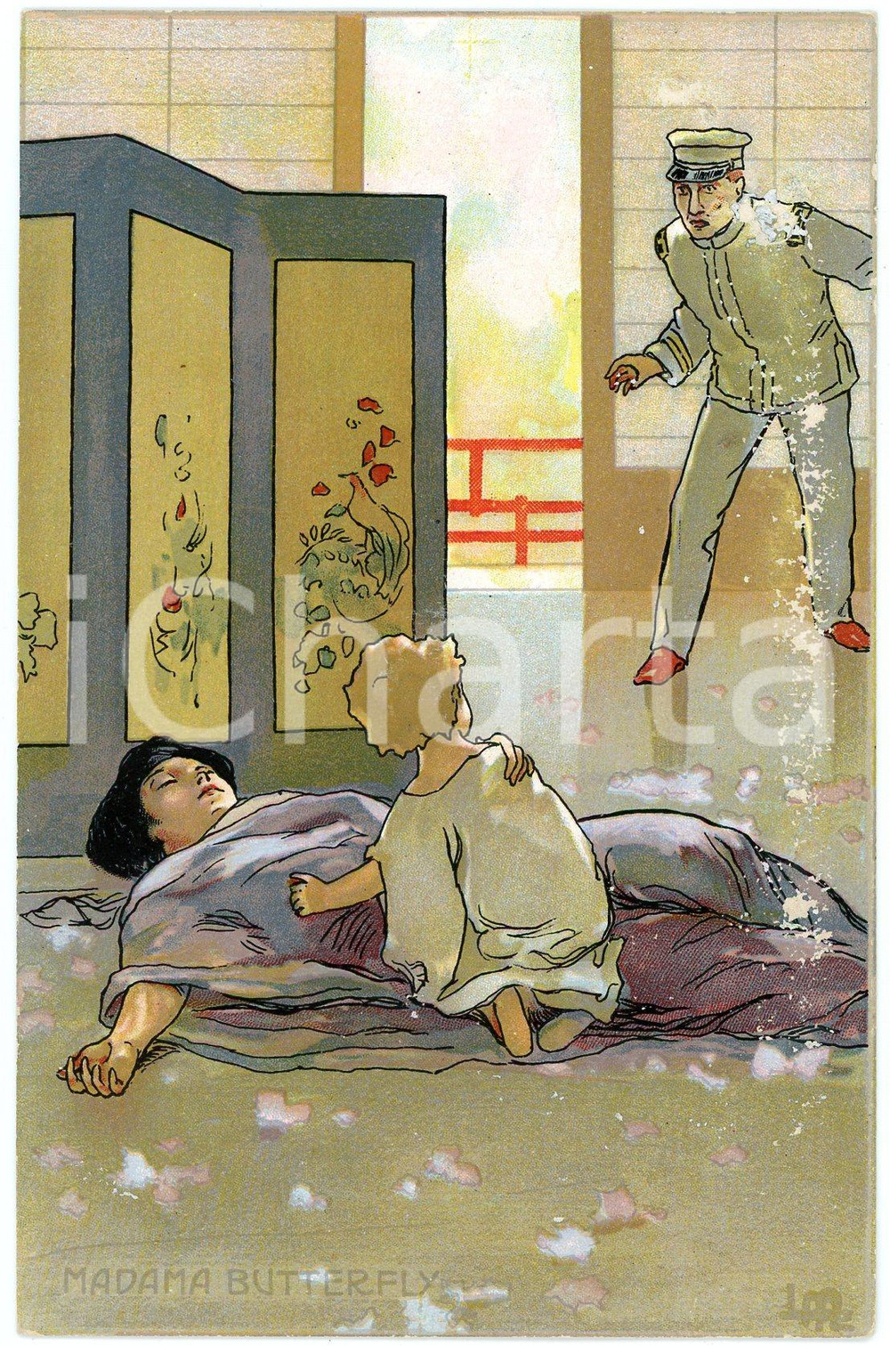1910 ca MADAMA BUTTERFLY Artist Leopoldo METLICOVITZ Postcard FP NV (8)  Cartolina d'epoca, non viaggiata. EDITORE: G. Ricordi - Milano VERY POOR/gravemente danneggiato abrasioni al lato destro Formato: 9x14 cm originale e autentica 1