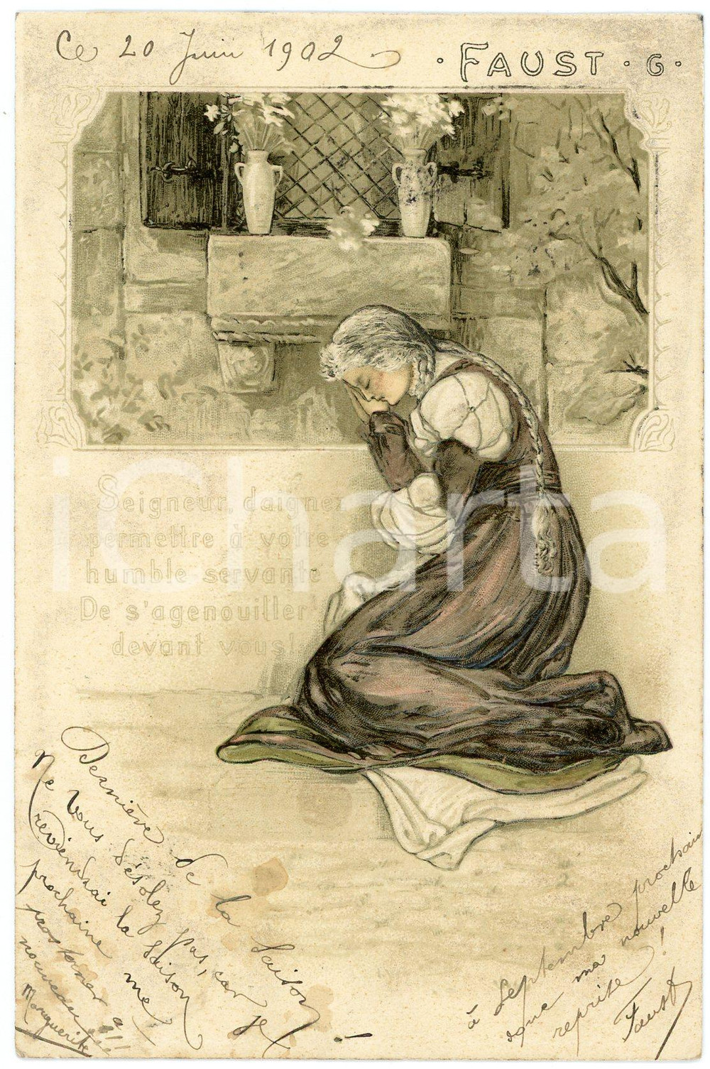 1902 OPERA "Faust" "Seigneur, daignez permettre" - Embossed postcard n. 6  Cartolina postale d'epoca, a rilievo, viaggiata. GOOD/buono  Formato: 9x14 cm originale e autentica 1