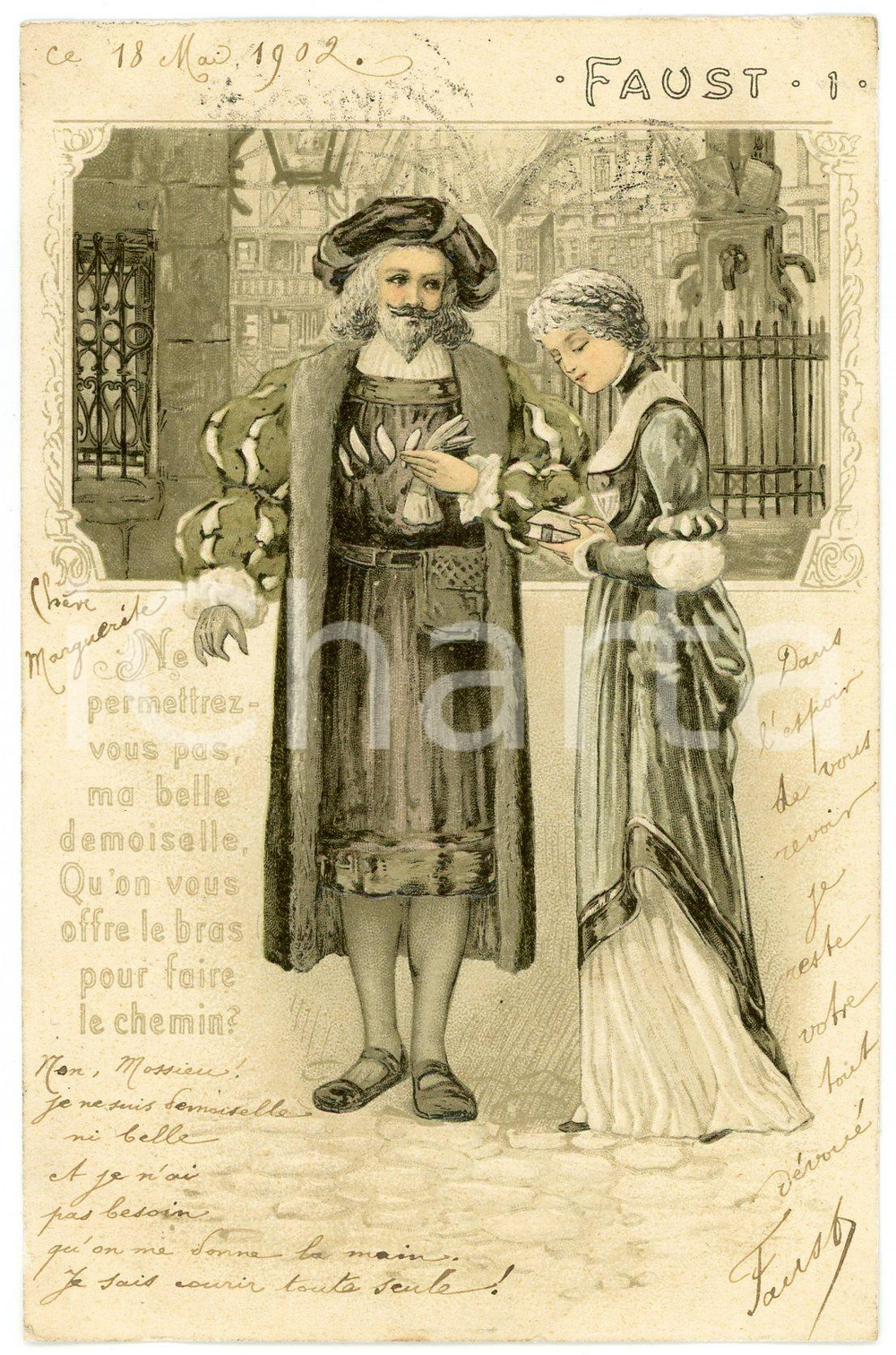 1902 OPERA "Faust" "Ne permettrez-vous pas" - Embossed postcard n. 1  Cartolina postale d'epoca, viaggiata. FAIR/discreto piegatura angolare con lieve strappo Formato: 9x14 cm originale e autentica 1
