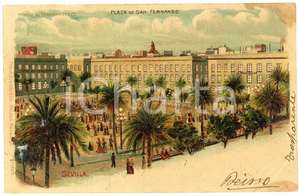 1901 SEVILLA Plaza de San Fernando - Carte postale lumineuse FP VG  Cartolina postale d'epoca, viaggiata.CONDIZIONI: POOR (piegatura e macchia all'angolo superiore destro, ondulature all'angolo superiore sinistro)FORMATO: FP    originale e autentica 1