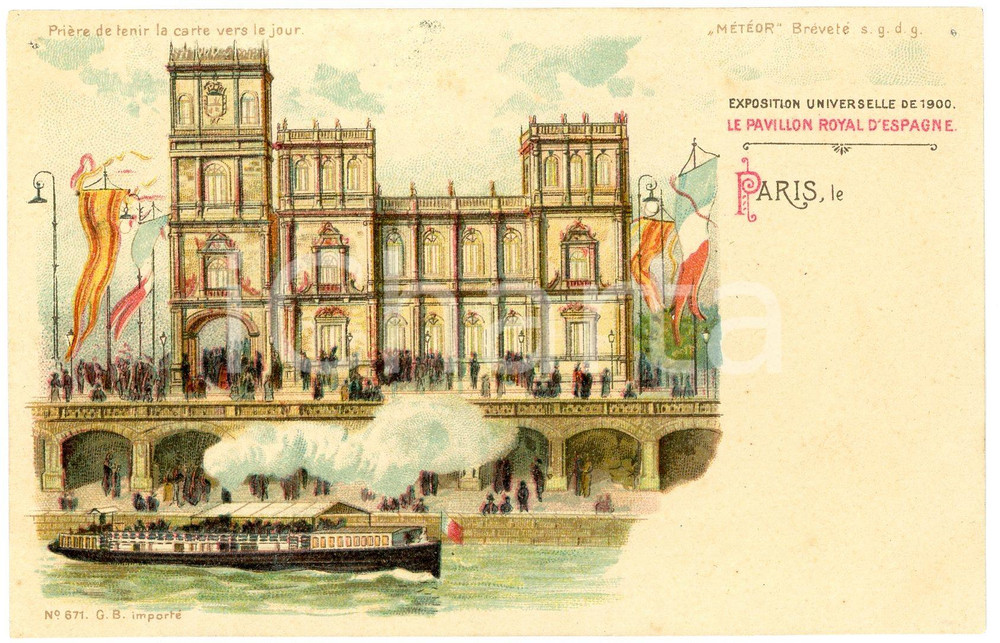 1900 EXPOSITION DE PARIS Pavillon Royal d'Espagne - Carte postale lumineuse  Cartolina postale d'epoca, non viaggiata.EDITORE: M&eacute;t&eacute;or CONDIZIONI: FAIR (forellini da affissione agli angoli)FORMATO: FP    originale e autentica 1
