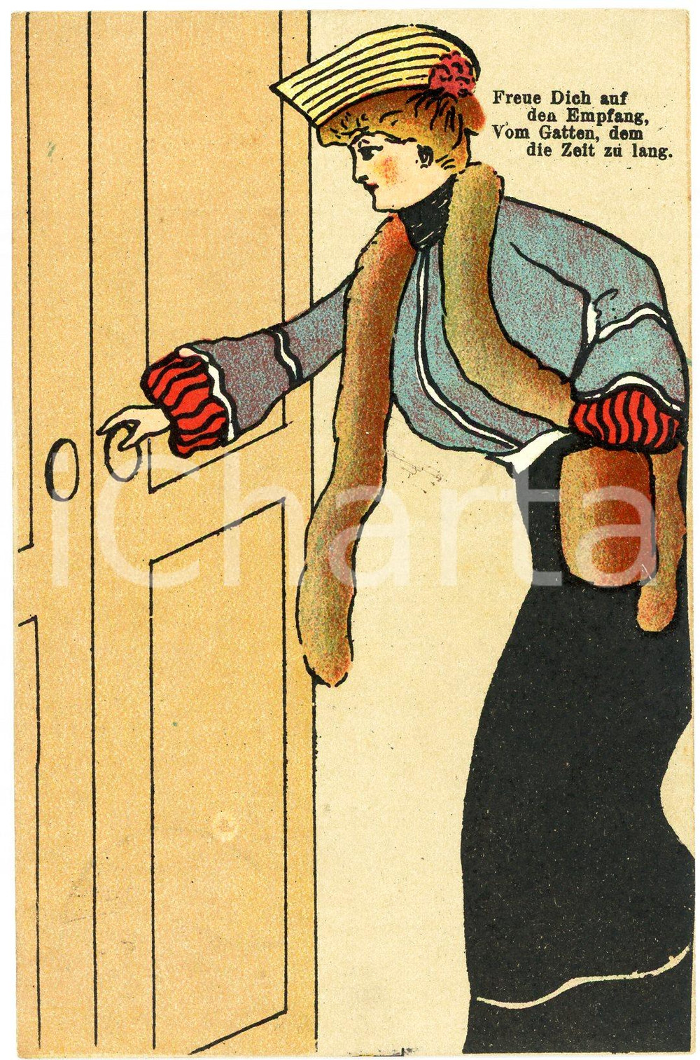 1903 HUMOUR Freue dich auf den Empfang, Vom Gatten dem die Zeit su lang POSTCARD Cartolina postale, viaggiata. FAIR/discreto Lievi smussature agli angoli Formato: FP originale e autentica 1