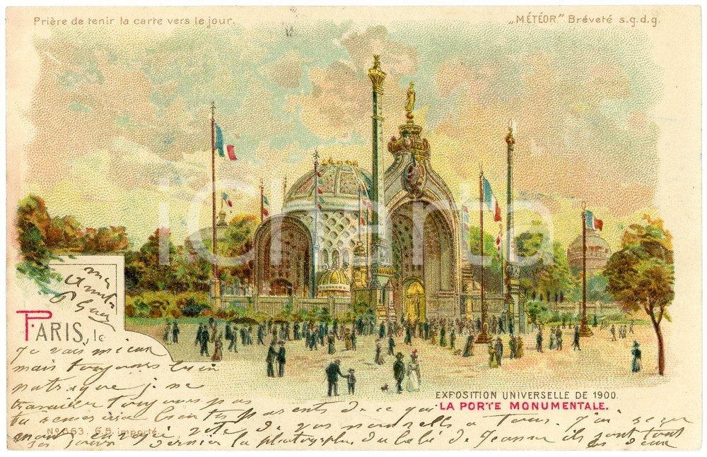 1905 PARIS - EXPOSITION DE 1900 Porte Monumentale - Carte postale lumineuse FP VG  Cartolina postale d'epoca, viaggiata.EDITORE: M&eacute;t&eacute;or CONDIZIONI: POOR (profonda piegatura all'angolo inferiore sinistro)FORMATO: FP    originale e autentica 1