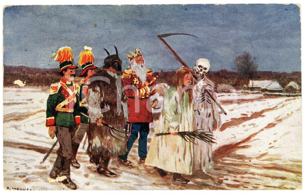 1915 ca POLAND Artist Antoni PIOTROWSKI - Wesolych Swiat! - Postcard  Cartolina postale d'epoca, viaggiata (ma francobollo asportato).CONDIZIONI: F (lievi piegature marginali e abrasioni angolari)FORMATO: FP    originale e autentica 1