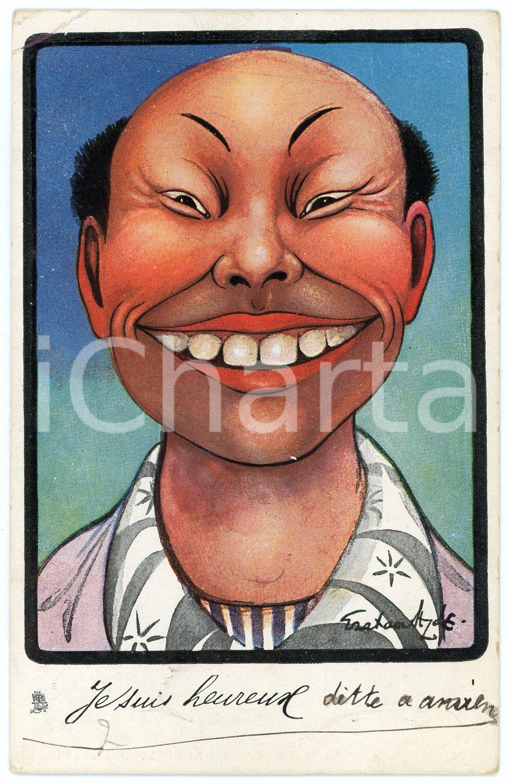 1905 ca SATIRE - CARICATURE Chinese man ILLUSTRATED Postcard FP NV Cartolina postale d'epoca, non viaggiata ma con nota manoscritta al verso. FAIR/discreto Lievi smussature agli angoli, profonda  piegatura all'angolo superiore sinistro Formato: FP originale e autentica 1