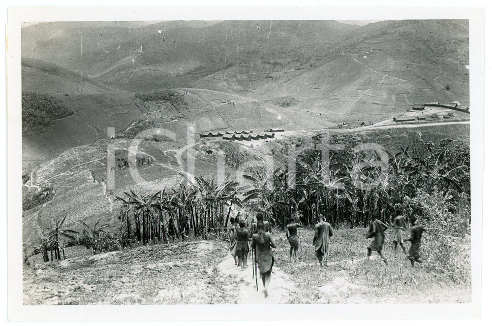 1918 RUANDA - KIGALI - Bananeraie et poste de KASHUNGA *Photo REPRINT 1950  Fotografia d'epoca, scattata nel 1918, ma ristampata nel 1950 circa, con didascalia originale dell'agenzia al verso.FOTOGRAFO: E. Gourdinne - CongopresseCONDIZIONI: F (lievi piegature al lato sinistro) FORMATO: 18x12 cm     originale e autentica 1