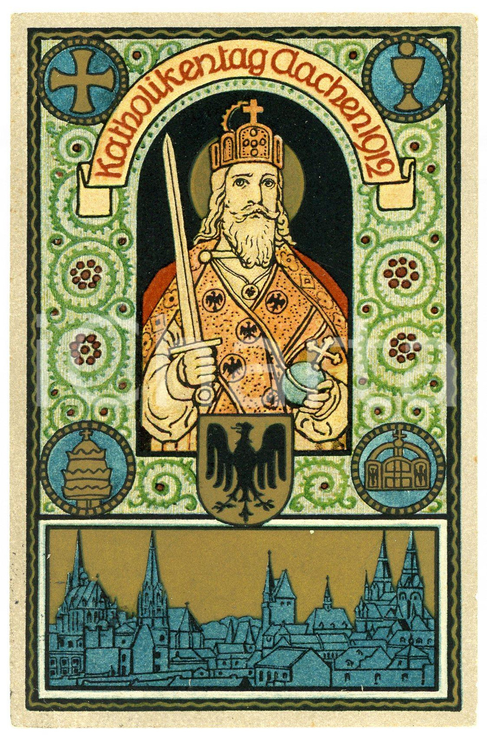 1912 AACHEN - DEUTSCHLAND Katholikentag - ILLUSTRATED Postcard FP VG  Cartolina d'epoca, viaggiata ma con affrancatura rimossa. POOR/danneggiato Smussature agli angoli, abrasione all'angolo inferiore sinistro. Formato: FP originale e autentica 1
