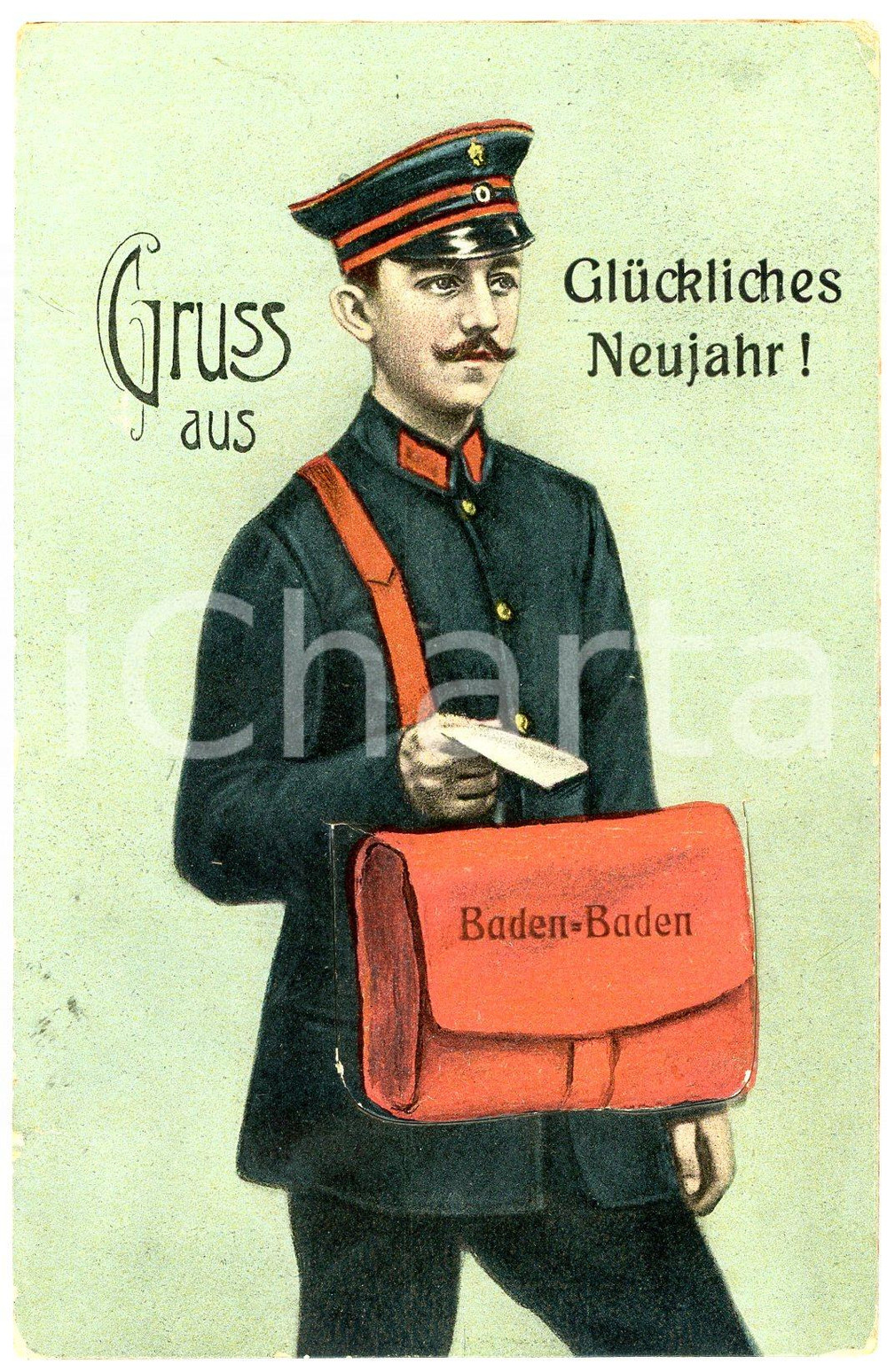 1912 BADEN - BADEN Glückliches neujahr - Happy new year - Postman - Postcard FP  Cartolina postale, viaggiata. FAIR/discreto Lievi smussature agli angoli Formato: FP originale e autentica 1