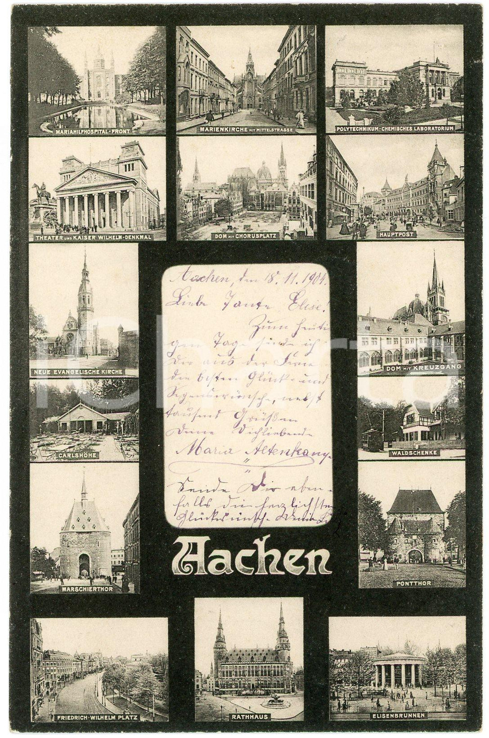 1904 AACHEN Marienkirche - Polytechnikum - Carlshohe - Waldschenke - Postcard FP  Cartolina d'epoca, viaggiata. FAIR/discreto Lievi smussature agli angoli, profonda piegatura all'angolo superiore destro Formato: FP originale e autentica 1