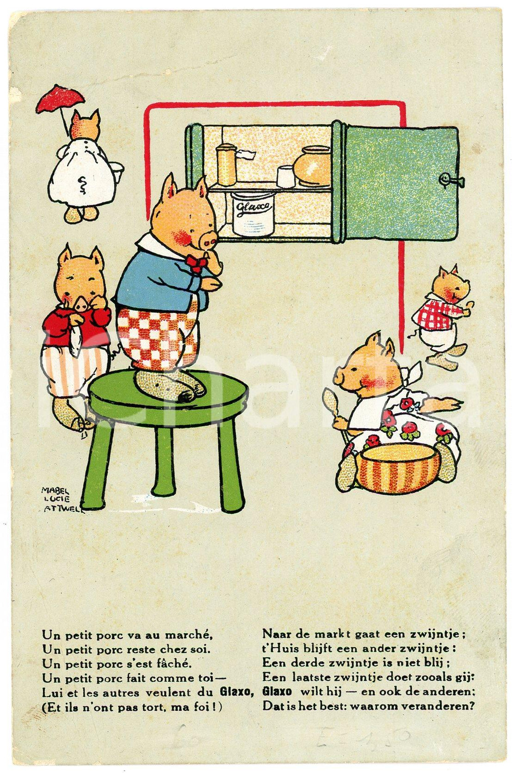 1940 ca Artist Mabel Lucie ATTWELL Un petit porc va au marché - Postcard FP NV  Cartolina postale d'epoca, non viaggiata ma con nota manoscritta al verso. POOR/danneggiato Lievi smussature agli angoli, profonda piegatura all'angolo superiore sinistro, sbrecciature Formato: FP originale e autentica 1
