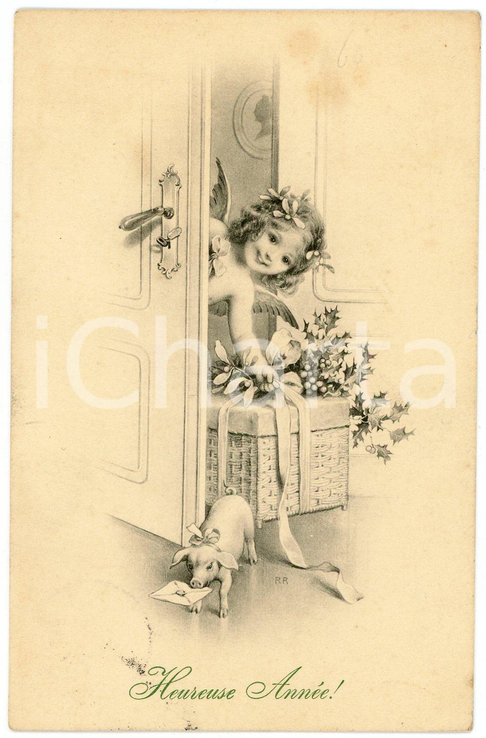 1910 HEUREUSE ANNÉE Angel bringing gifts and pig deliving letter - Postcard FP  Cartolina postale d'epoca, viaggiata. FAIR/discreto Lievi smussature agli angoli, lievi bruniture Formato: FP originale e autentica 1