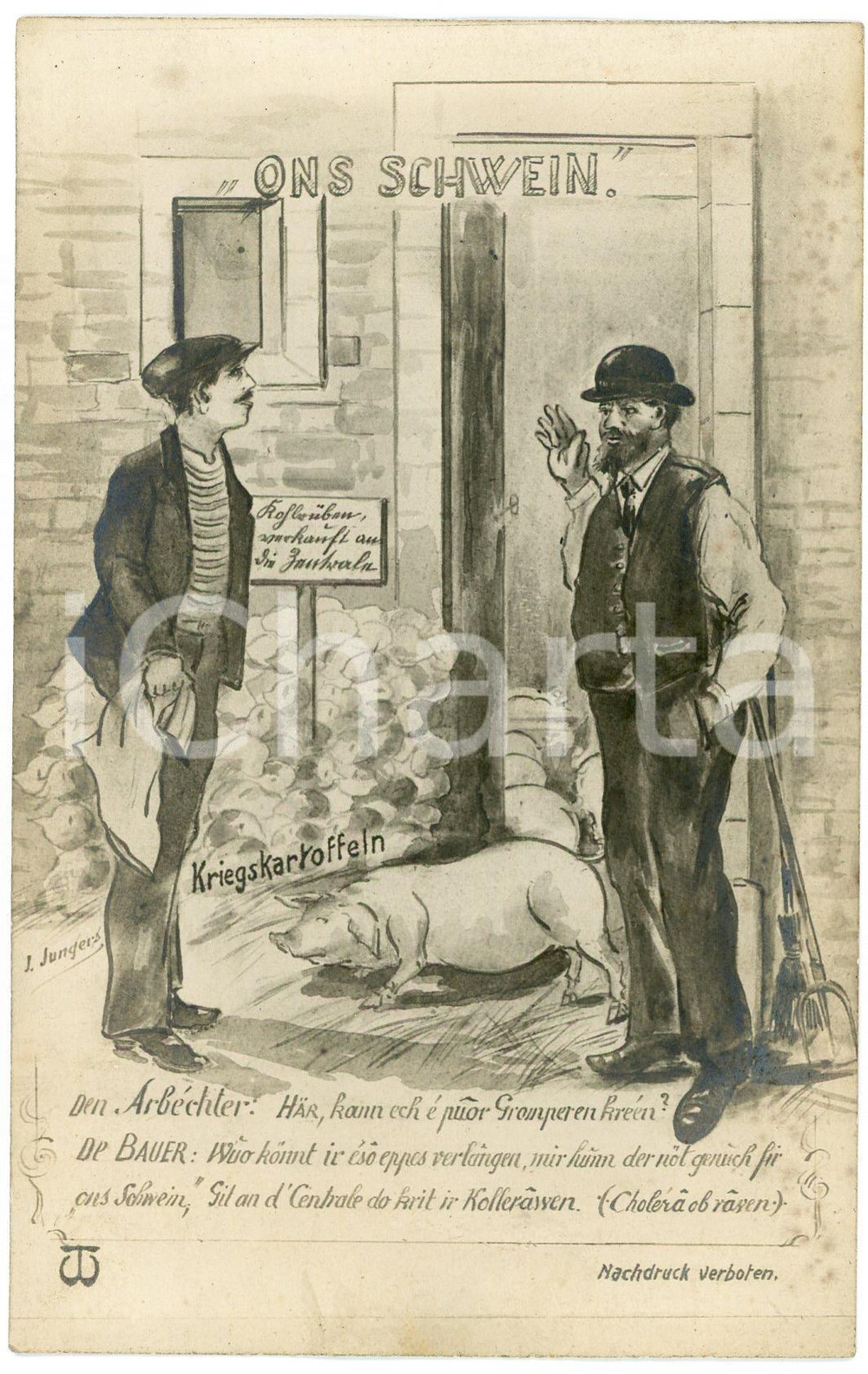 1910 ca HUMOUR - PIG Artist J. JUNGERS Ons schwein ILLUSTRATED Postcard FP NV  Cartolina postale, non viaggiata. FAIR/discreto Lievi smussature agli angoli Formato: FP originale e autentica 1