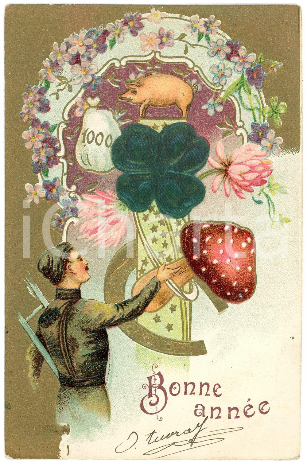 1905 BONNE ANNÉE Chimney sweep, lucky pig and four-leaf clover - Postcard FP VG  Cartolina postale d'epoca, viaggiata. FAIR/discreto Lievi smussature agli angoli Formato: FP originale e autentica 1