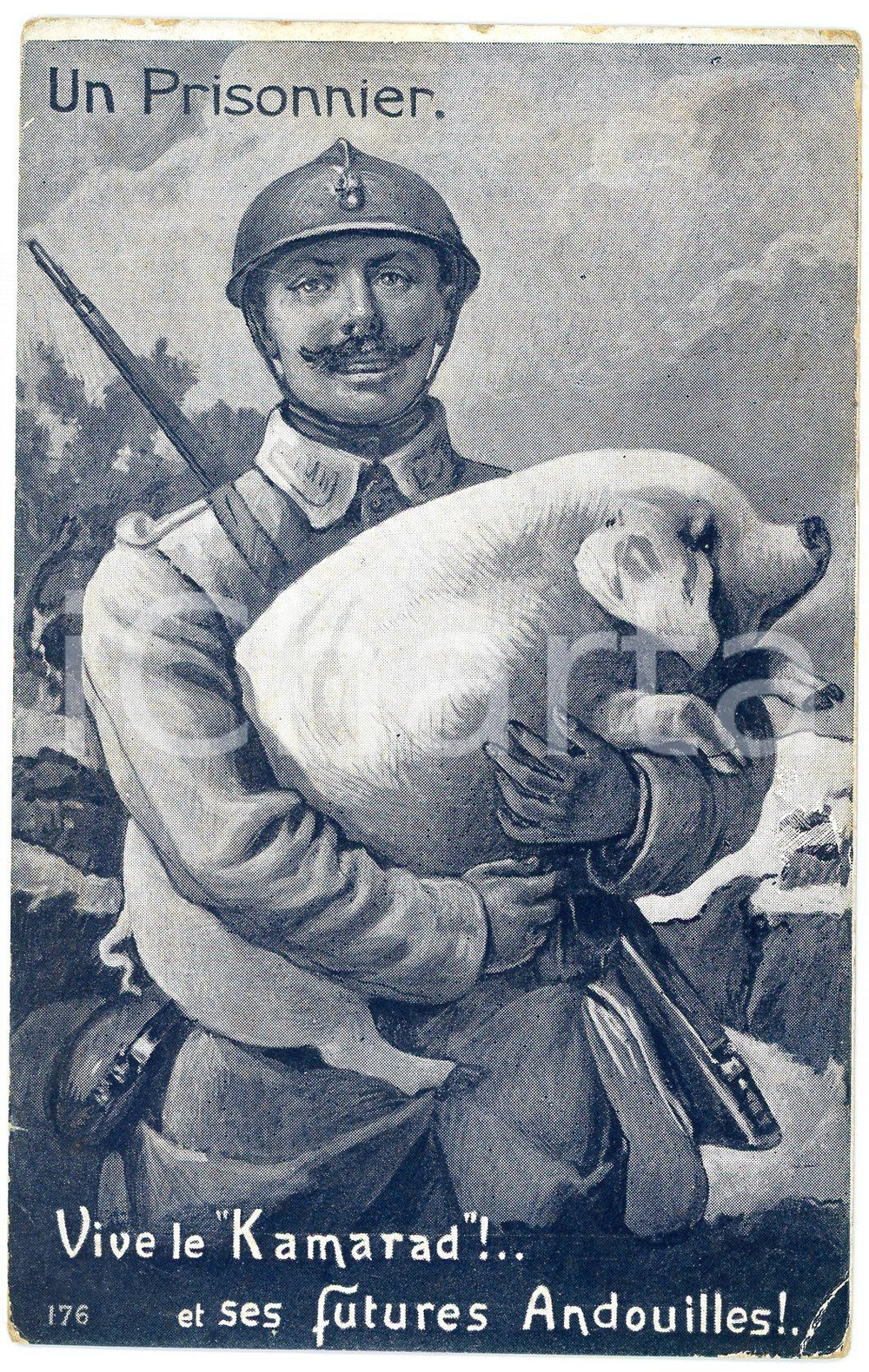1915 ca WW1 Un Prisonnier - Vive le "Kamarad" - Soldier holding a pig ^Postcard  Cartolina postale d'epoca, non viaggiata. FAIR/discreto Lievi smussature e piegature agli angoli Formato: FP originale e autentica 1